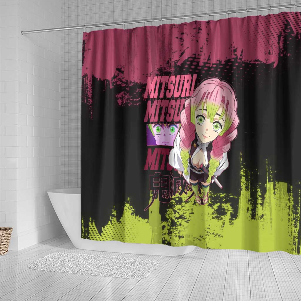 Mitsuri Kanroji Demon Slayer Pink and Green Grunge Design Shower Curtain with Heart Eyes and Playful Pose - The Mazicc