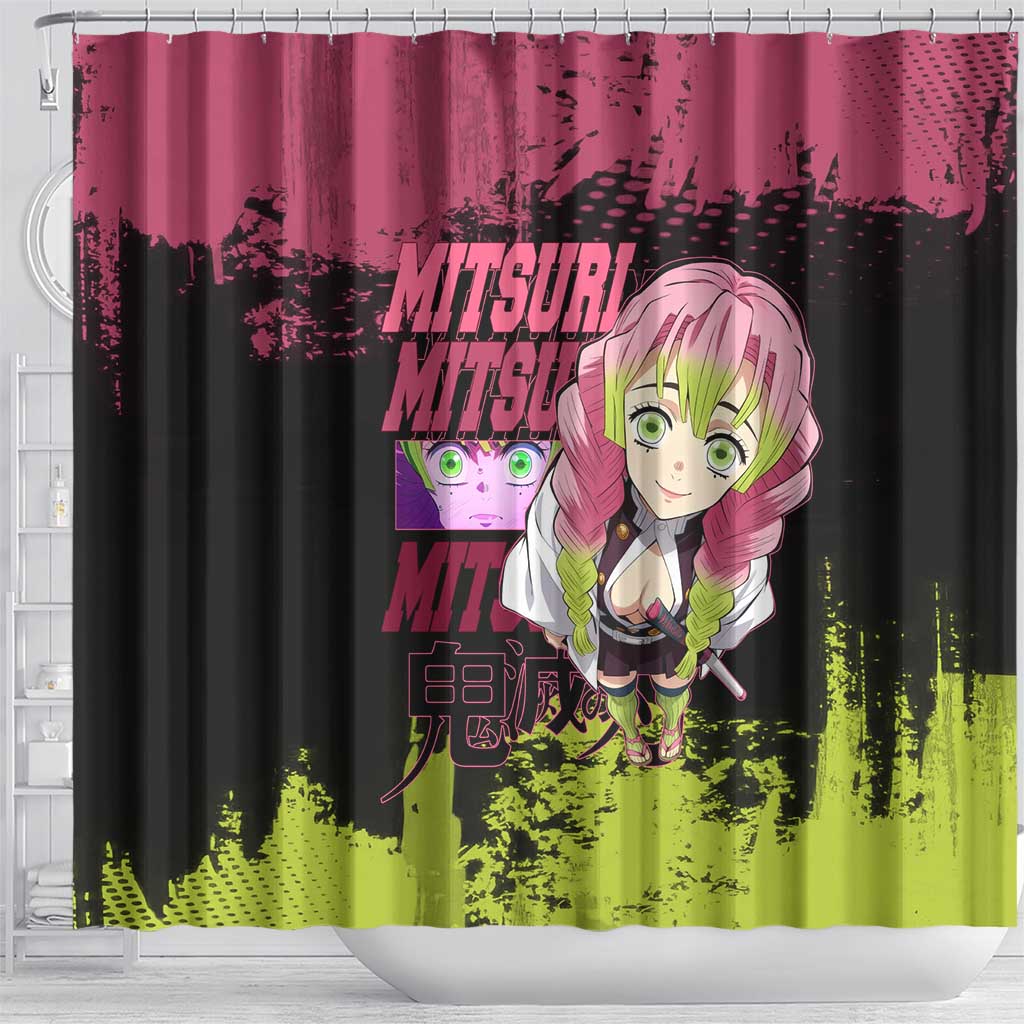 Mitsuri Kanroji Demon Slayer Pink and Green Grunge Design Shower Curtain with Heart Eyes and Playful Pose - The Mazicc