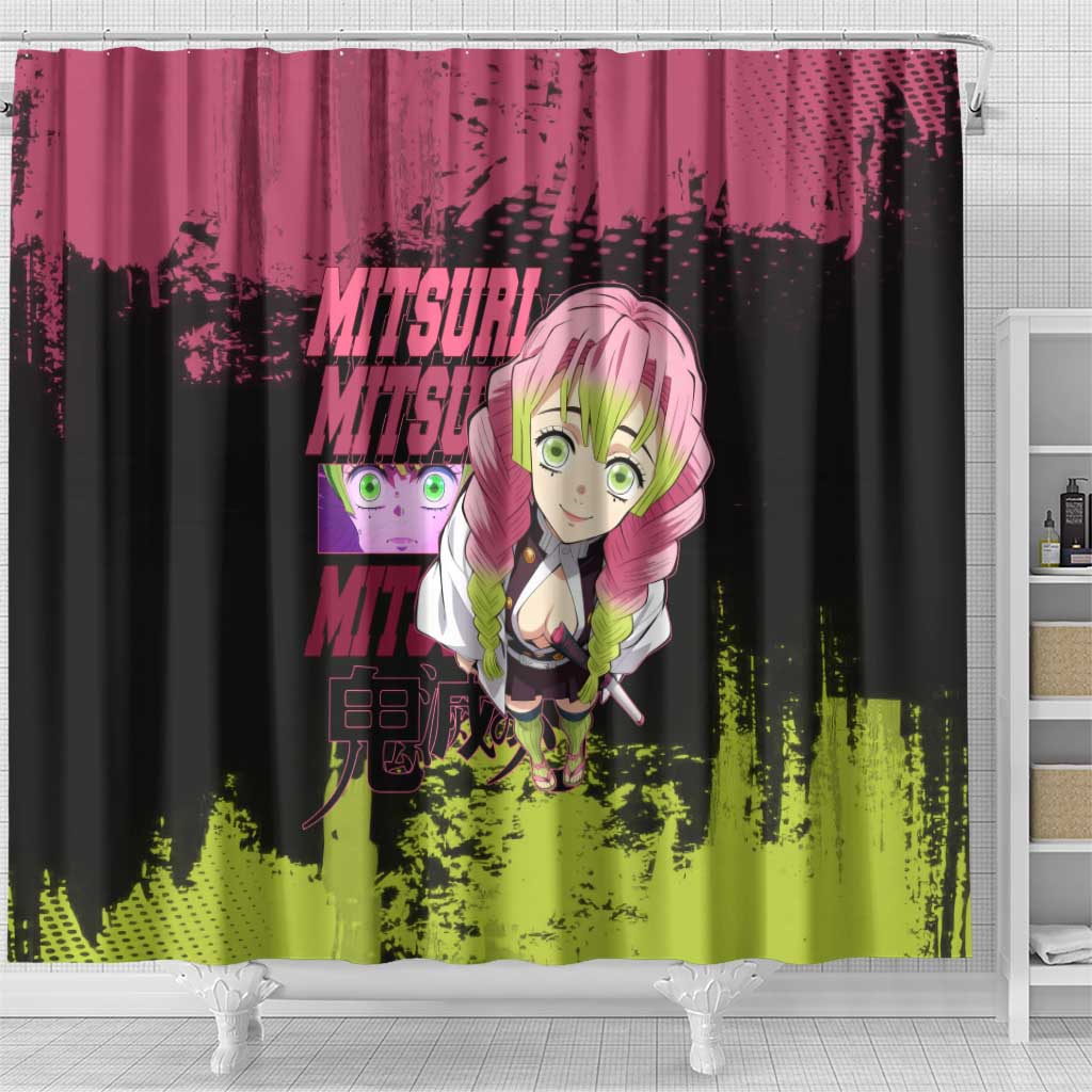 Mitsuri Kanroji Demon Slayer Pink and Green Grunge Design Shower Curtain with Heart Eyes and Playful Pose - The Mazicc