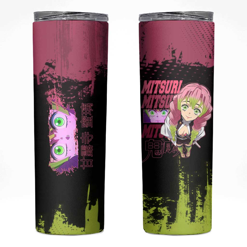 Mitsuri Kanroji Demon Slayer Pink and Green Grunge Design Skinny Tumbler with Heart Eyes and Playful Pose - The Mazicc