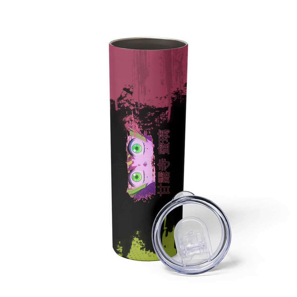 Mitsuri Kanroji Demon Slayer Pink and Green Grunge Design Skinny Tumbler with Heart Eyes and Playful Pose - The Mazicc