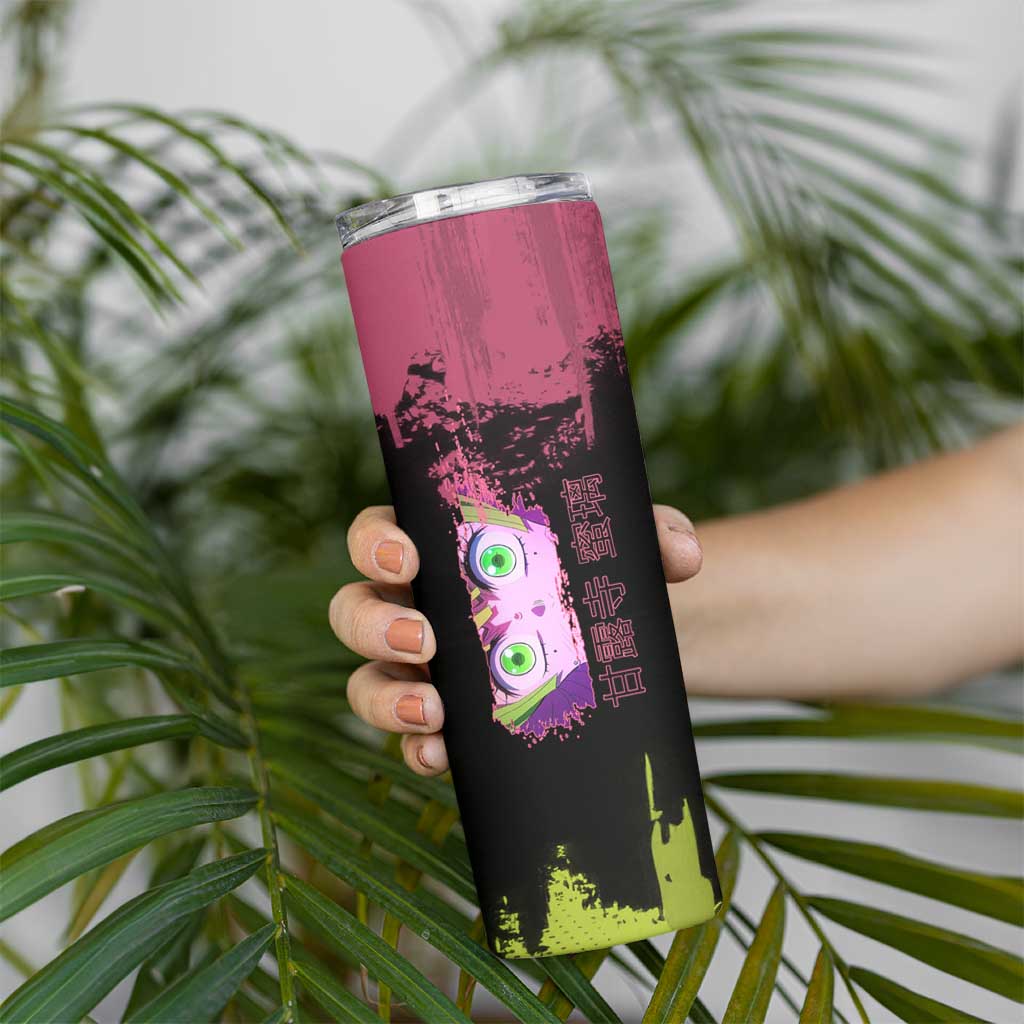 Mitsuri Kanroji Demon Slayer Pink and Green Grunge Design Skinny Tumbler with Heart Eyes and Playful Pose - The Mazicc