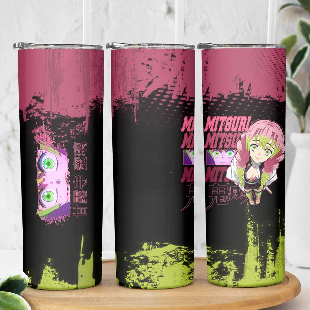 Mitsuri Kanroji Demon Slayer Pink and Green Grunge Design Skinny Tumbler with Heart Eyes and Playful Pose - The Mazicc