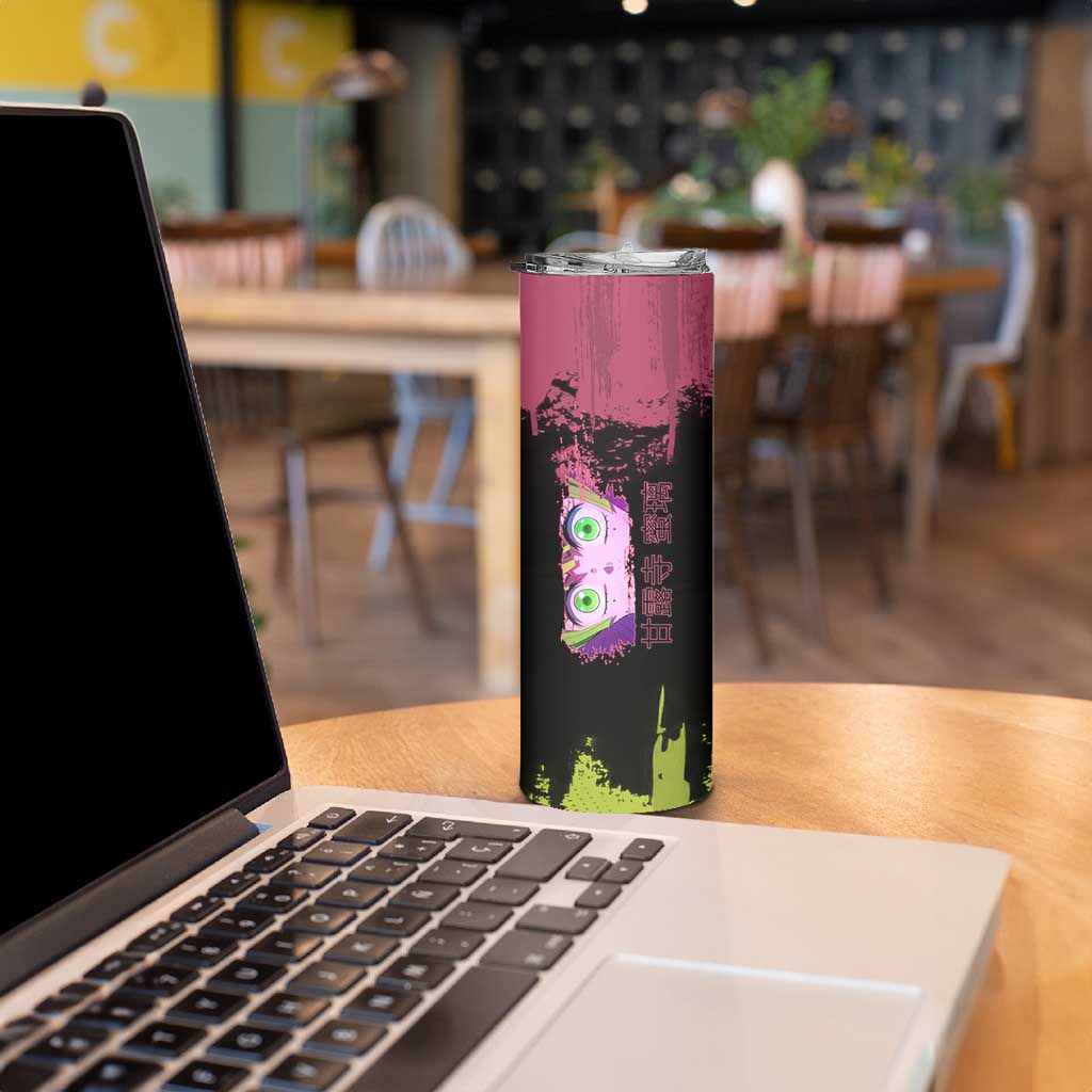 Mitsuri Kanroji Demon Slayer Pink and Green Grunge Design Skinny Tumbler with Heart Eyes and Playful Pose - The Mazicc