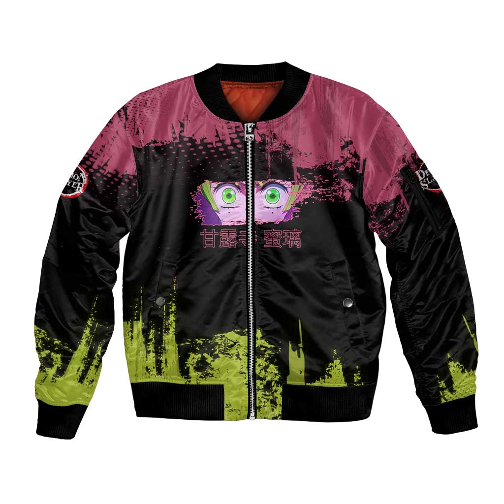 Mitsuri Kanroji Demon Slayer Pink and Green Grunge Design Sleeve Zip Bomber Jacket with Heart Eyes and Playful Pose - The Mazicc