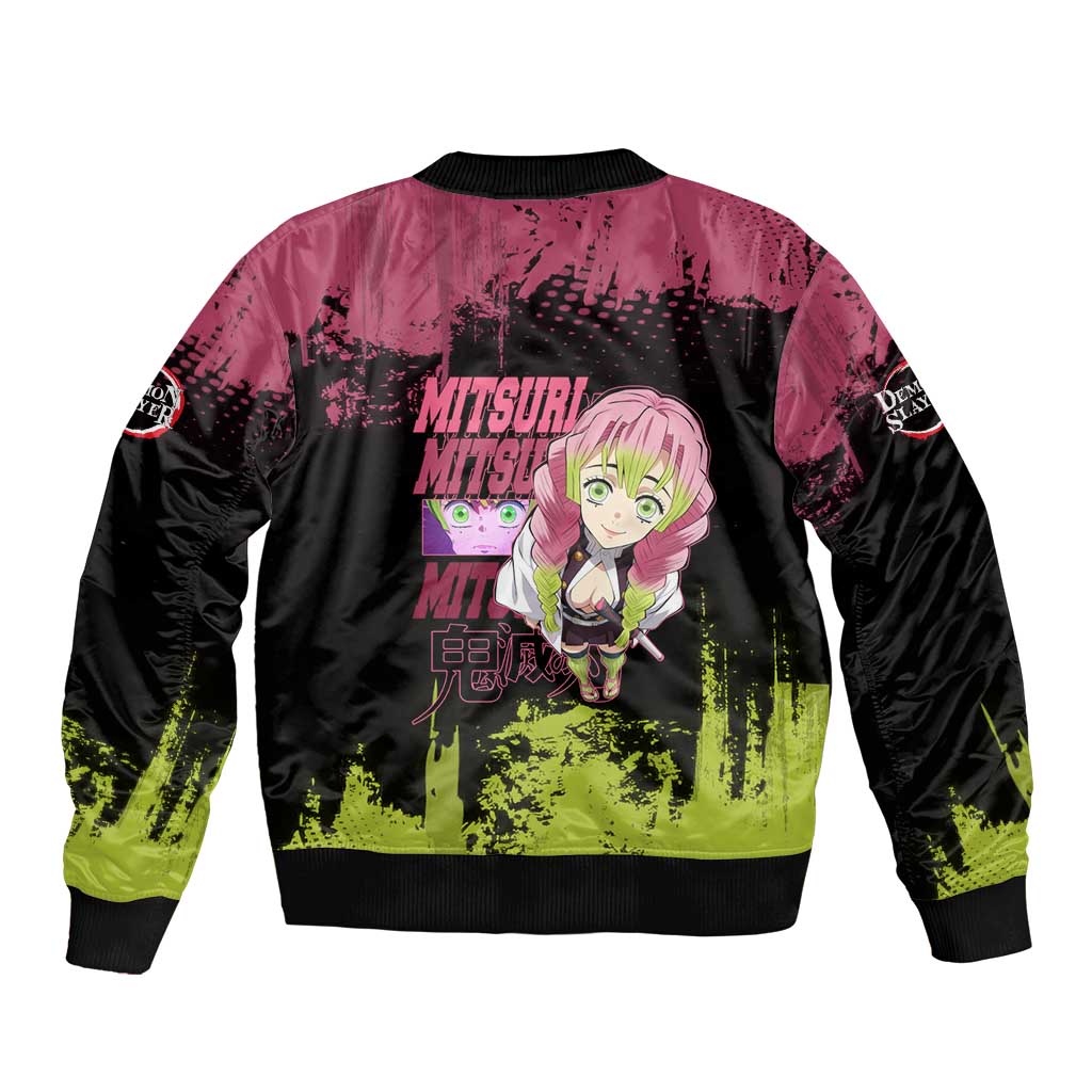 Mitsuri Kanroji Demon Slayer Pink and Green Grunge Design Sleeve Zip Bomber Jacket with Heart Eyes and Playful Pose - The Mazicc