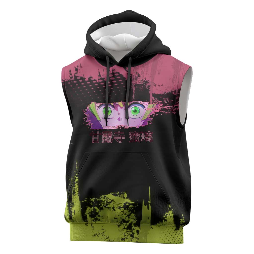 Mitsuri Kanroji Demon Slayer Pink and Green Grunge Design Sleeveless Hoodie with Heart Eyes and Playful Pose - The Mazicc