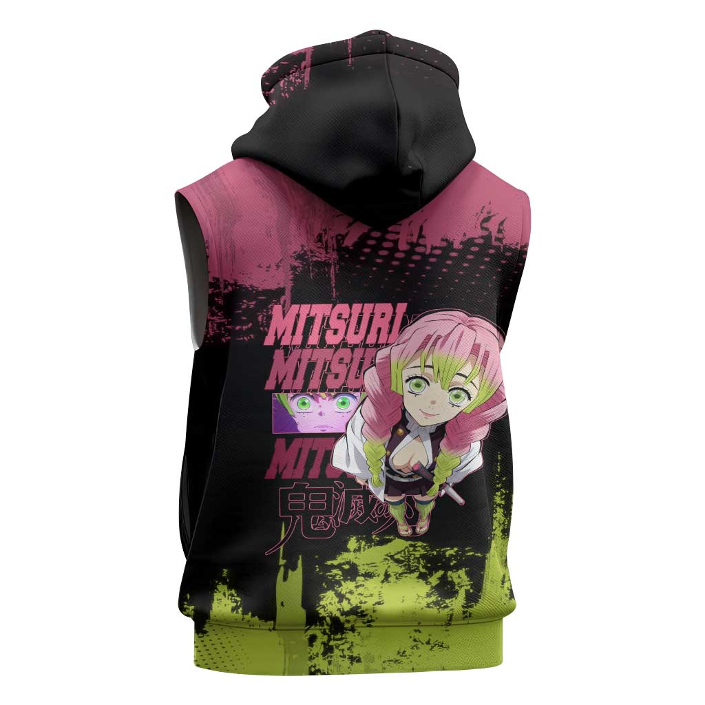 Mitsuri Kanroji Demon Slayer Pink and Green Grunge Design Sleeveless Hoodie with Heart Eyes and Playful Pose - The Mazicc