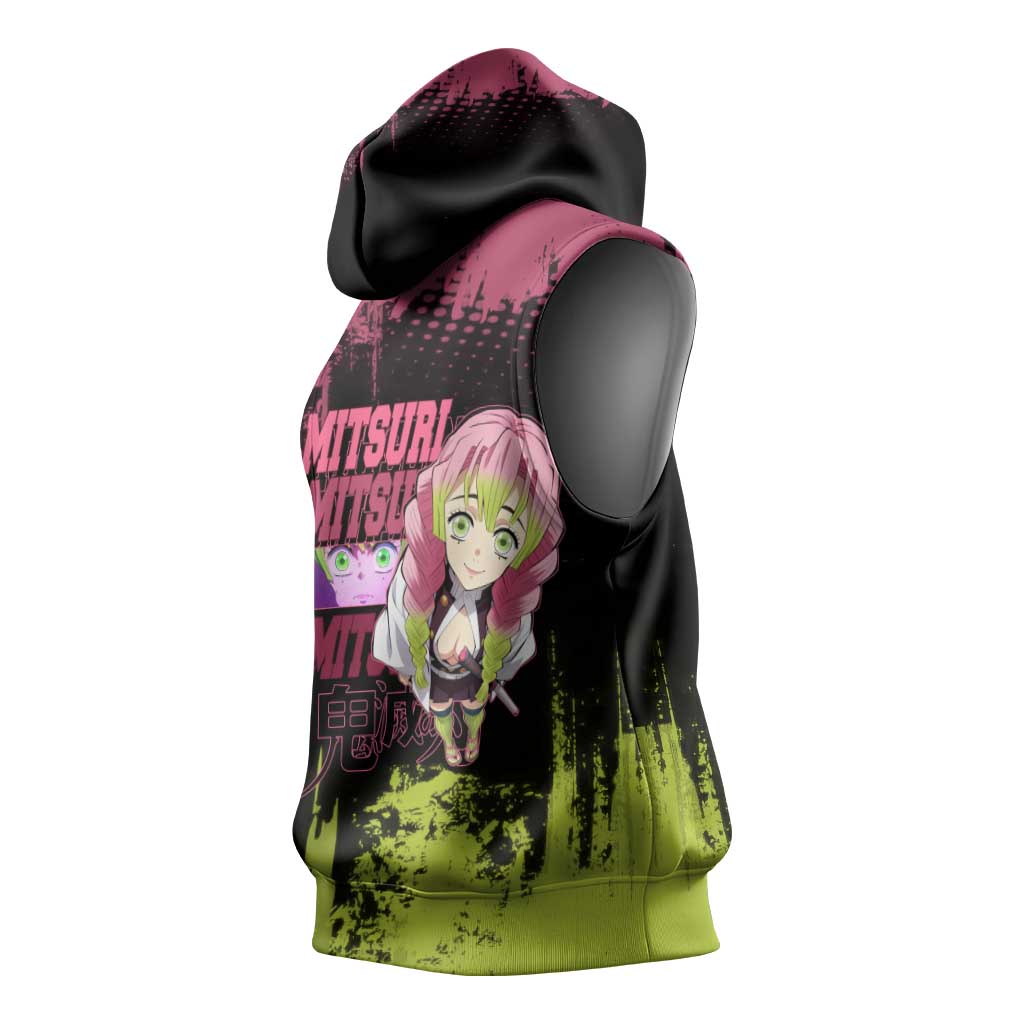 Mitsuri Kanroji Demon Slayer Pink and Green Grunge Design Sleeveless Hoodie with Heart Eyes and Playful Pose - The Mazicc
