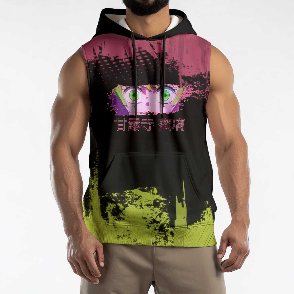 Mitsuri Kanroji Demon Slayer Pink and Green Grunge Design Sleeveless Hoodie with Heart Eyes and Playful Pose - The Mazicc