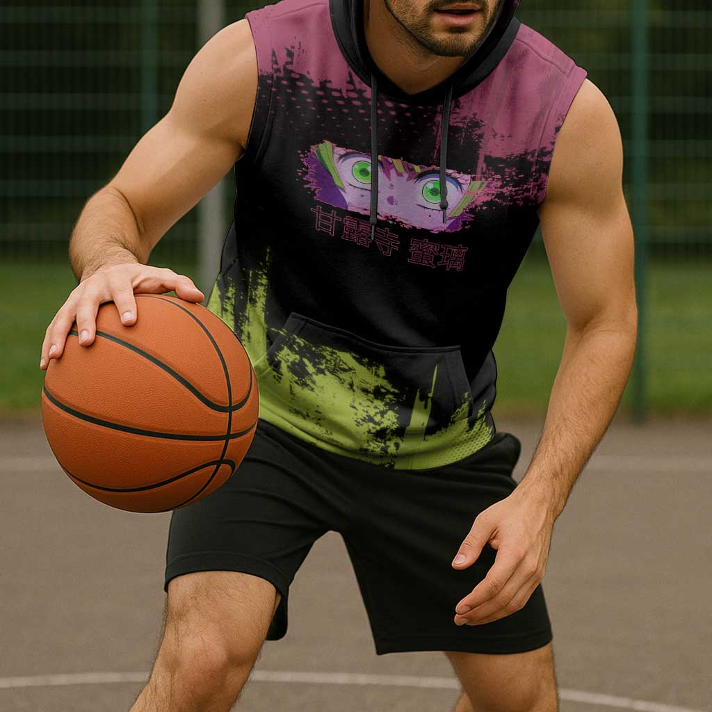 Mitsuri Kanroji Demon Slayer Pink and Green Grunge Design Sleeveless Hoodie with Heart Eyes and Playful Pose - The Mazicc