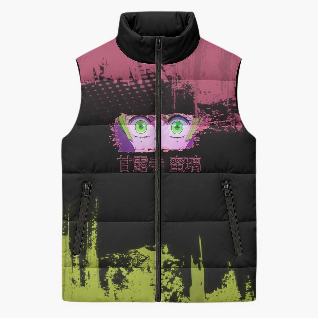 Mitsuri Kanroji Demon Slayer Pink and Green Grunge Design Sleeveless Puffer Jacket with Heart Eyes and Playful Pose - The Mazicc