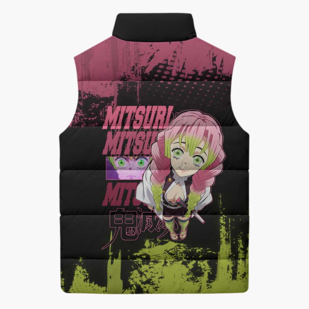 Mitsuri Kanroji Demon Slayer Pink and Green Grunge Design Sleeveless Puffer Jacket with Heart Eyes and Playful Pose - The Mazicc