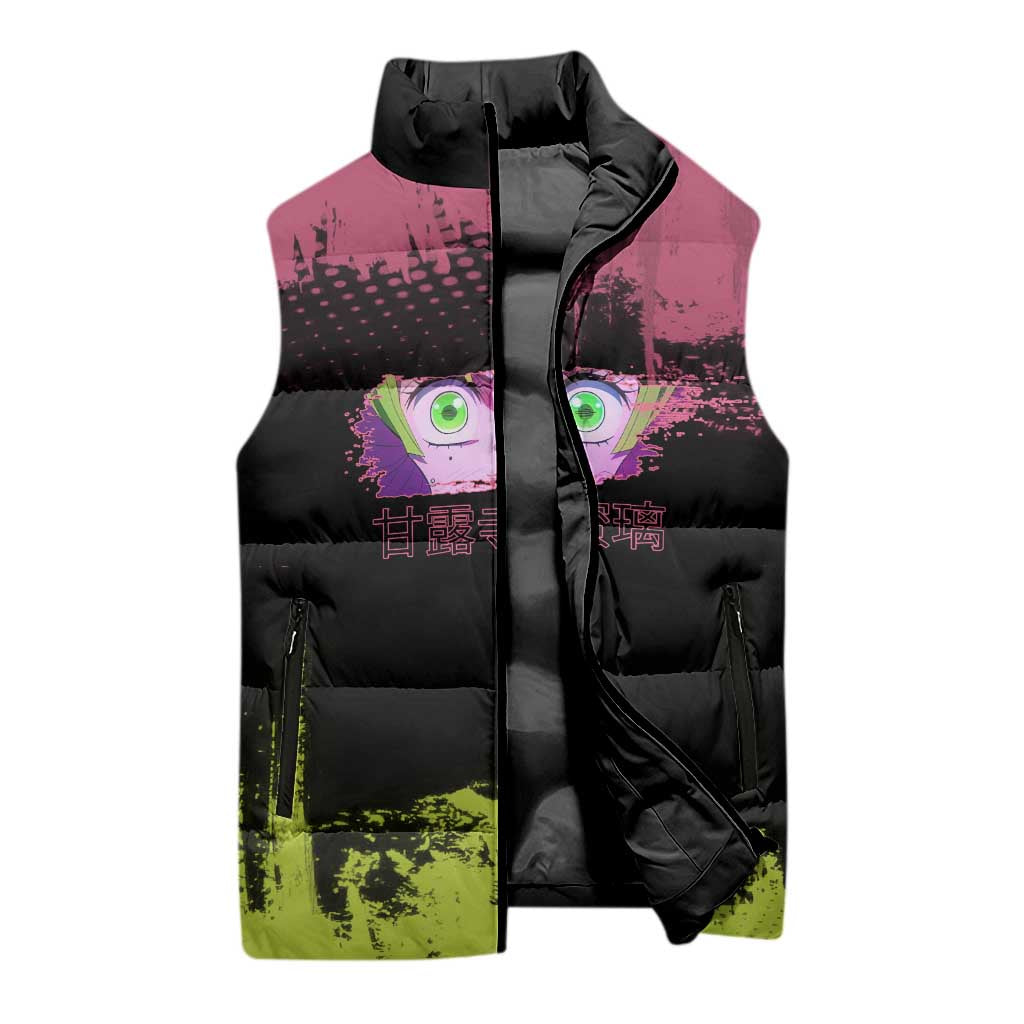 Mitsuri Kanroji Demon Slayer Pink and Green Grunge Design Sleeveless Puffer Jacket with Heart Eyes and Playful Pose - The Mazicc