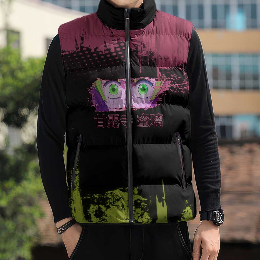 Mitsuri Kanroji Demon Slayer Pink and Green Grunge Design Sleeveless Puffer Jacket with Heart Eyes and Playful Pose - The Mazicc