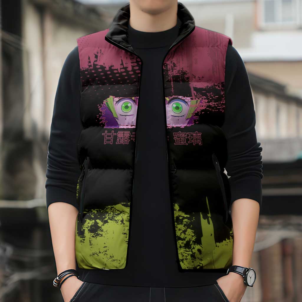 Mitsuri Kanroji Demon Slayer Pink and Green Grunge Design Sleeveless Puffer Jacket with Heart Eyes and Playful Pose - The Mazicc