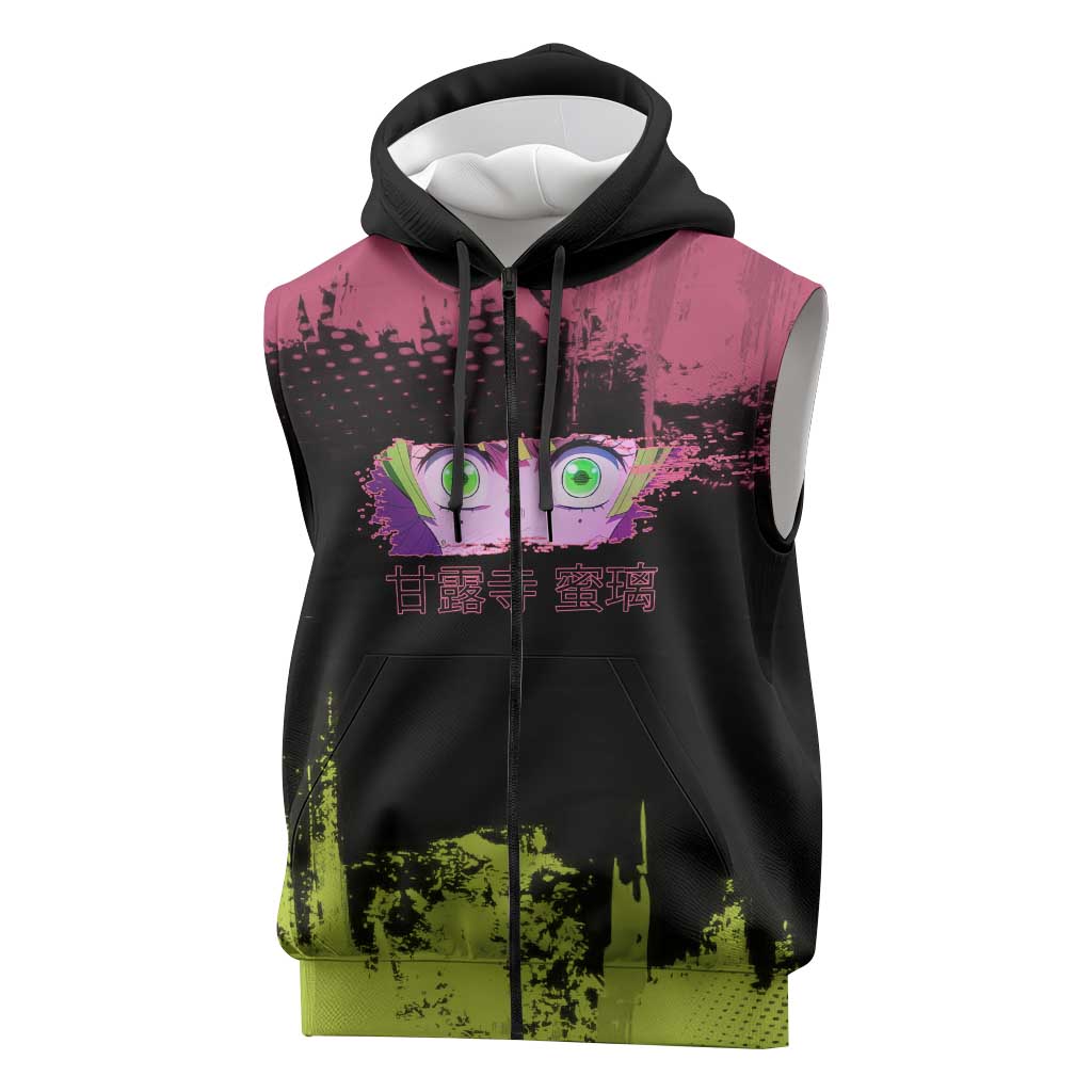 Mitsuri Kanroji Demon Slayer Pink and Green Grunge Design Sleeveless Zip Hoodie with Heart Eyes and Playful Pose - The Mazicc