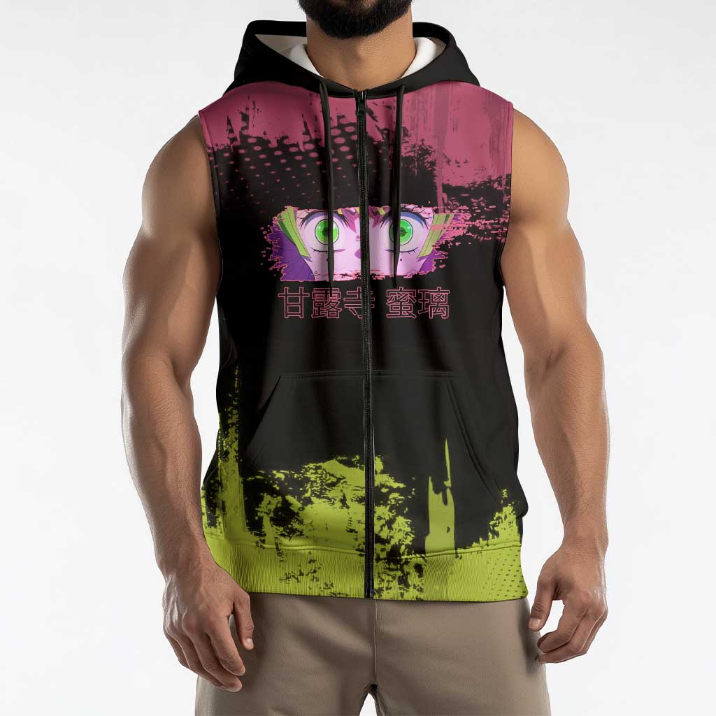 Mitsuri Kanroji Demon Slayer Pink and Green Grunge Design Sleeveless Zip Hoodie with Heart Eyes and Playful Pose - The Mazicc