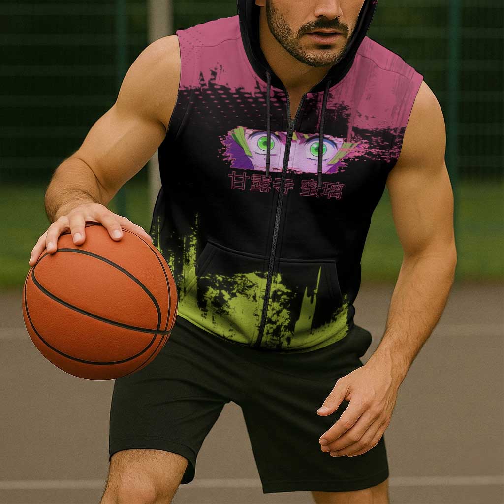 Mitsuri Kanroji Demon Slayer Pink and Green Grunge Design Sleeveless Zip Hoodie with Heart Eyes and Playful Pose - The Mazicc