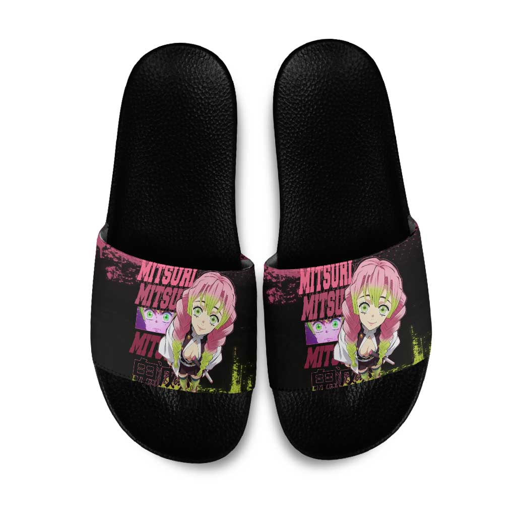 Mitsuri Kanroji Demon Slayer Pink and Green Grunge Design Slide Sandals with Heart Eyes and Playful Pose - The Mazicc