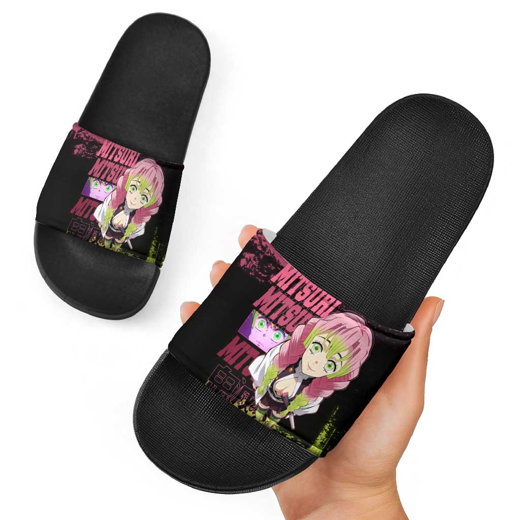 Mitsuri Kanroji Demon Slayer Pink and Green Grunge Design Slide Sandals with Heart Eyes and Playful Pose - The Mazicc