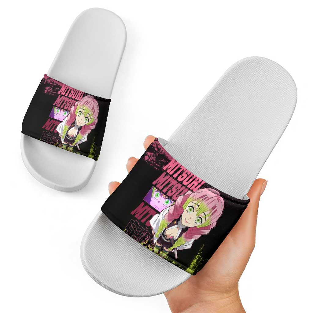 Mitsuri Kanroji Demon Slayer Pink and Green Grunge Design Slide Sandals with Heart Eyes and Playful Pose - The Mazicc