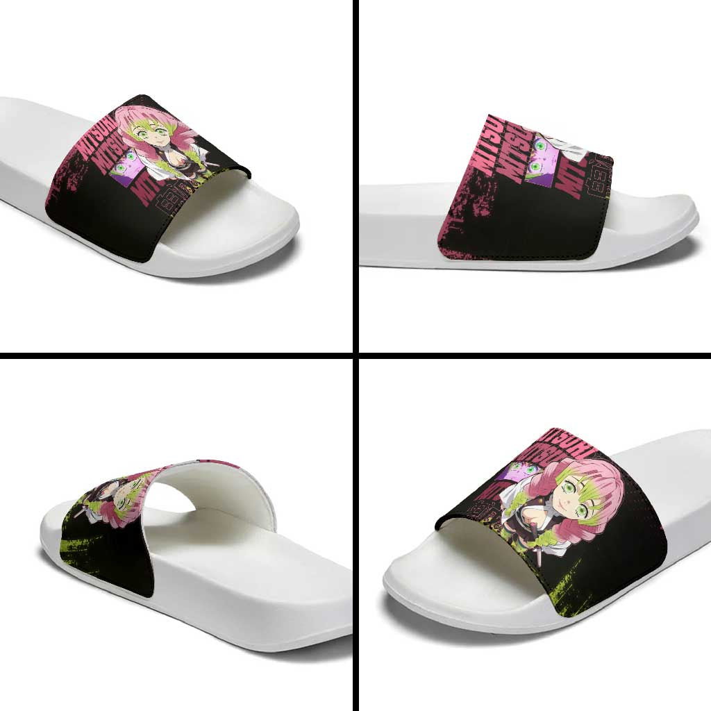 Mitsuri Kanroji Demon Slayer Pink and Green Grunge Design Slide Sandals with Heart Eyes and Playful Pose - The Mazicc