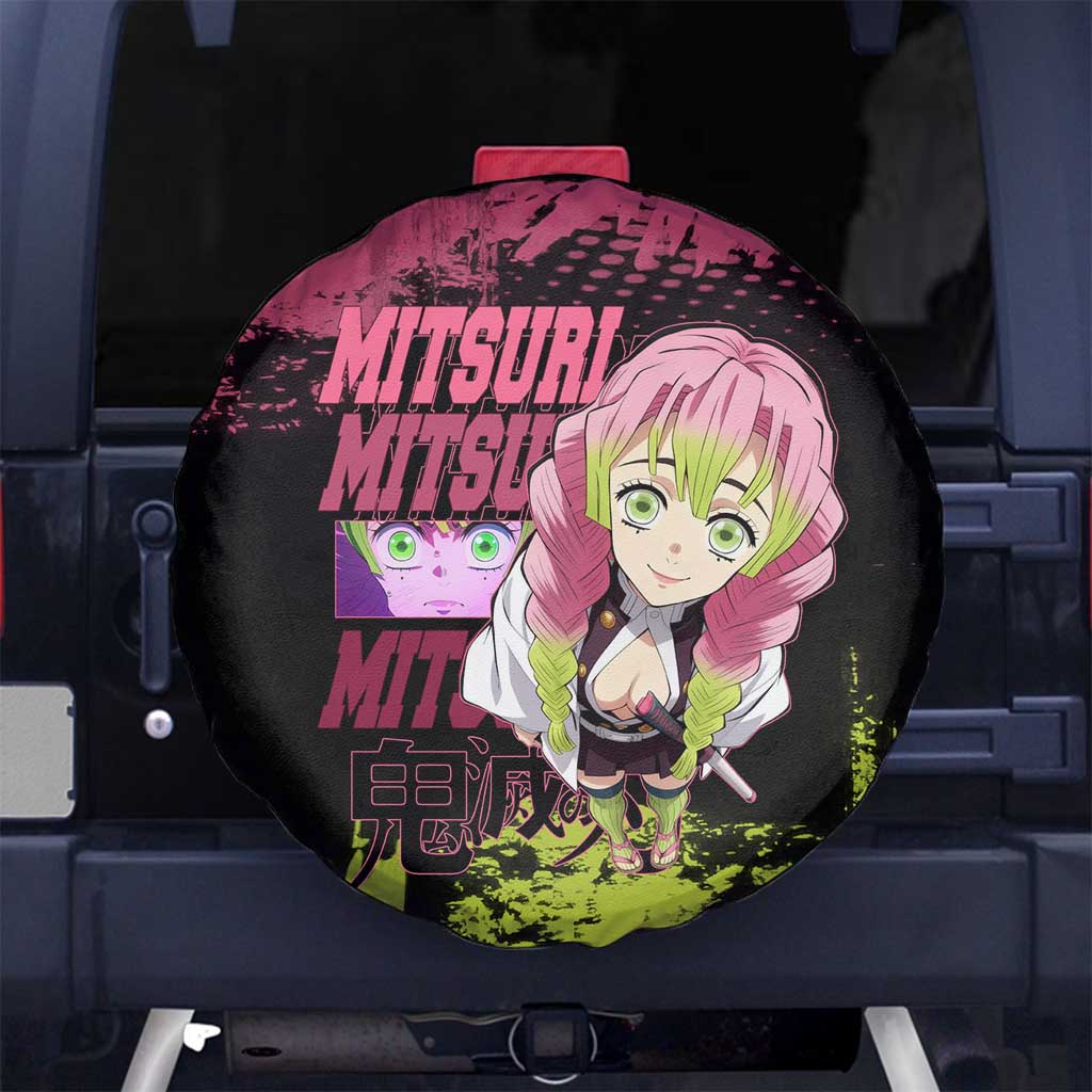 Mitsuri Kanroji Demon Slayer Pink and Green Grunge Design Spare Tire Cover with Heart Eyes and Playful Pose - The Mazicc