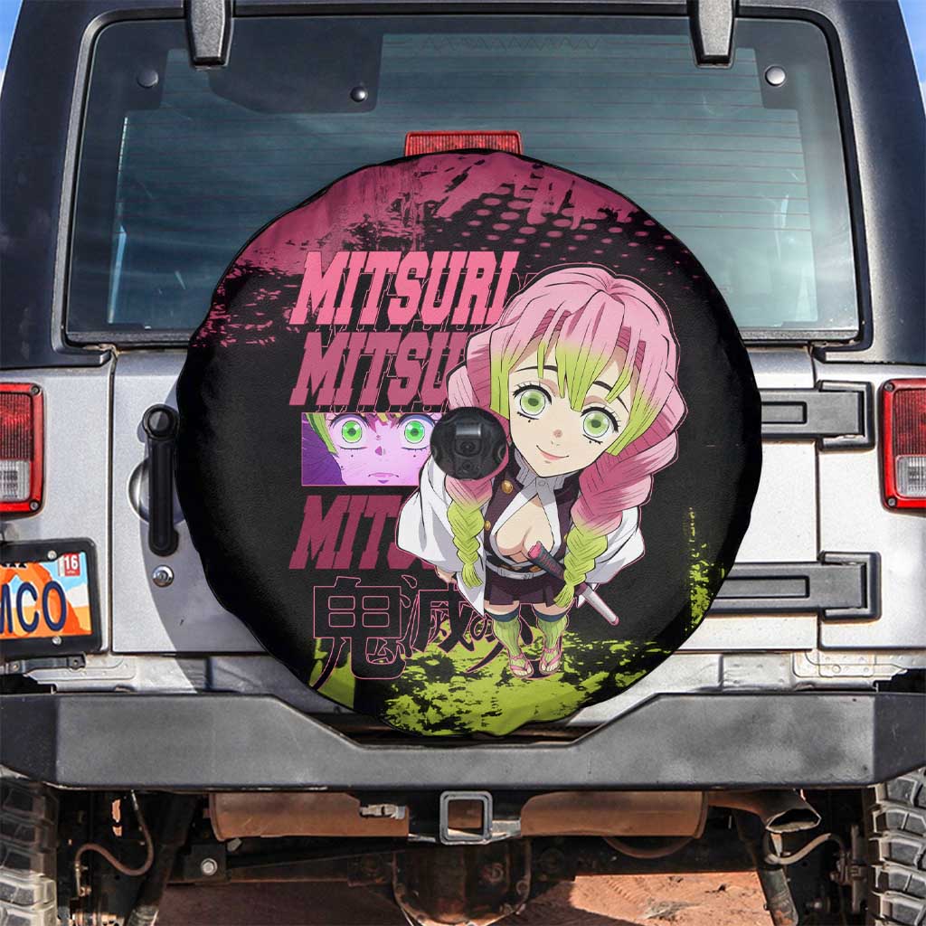 Mitsuri Kanroji Demon Slayer Pink and Green Grunge Design Spare Tire Cover with Heart Eyes and Playful Pose - The Mazicc