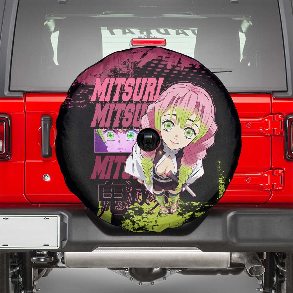 Mitsuri Kanroji Demon Slayer Pink and Green Grunge Design Spare Tire Cover with Heart Eyes and Playful Pose - The Mazicc