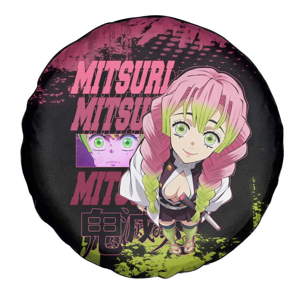 Mitsuri Kanroji Demon Slayer Pink and Green Grunge Design Spare Tire Cover with Heart Eyes and Playful Pose - The Mazicc