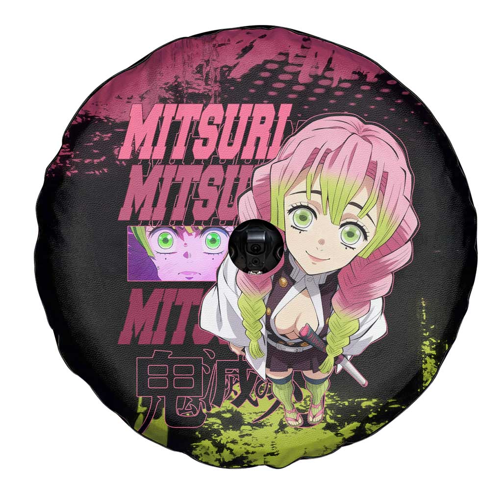 Mitsuri Kanroji Demon Slayer Pink and Green Grunge Design Spare Tire Cover with Heart Eyes and Playful Pose - The Mazicc