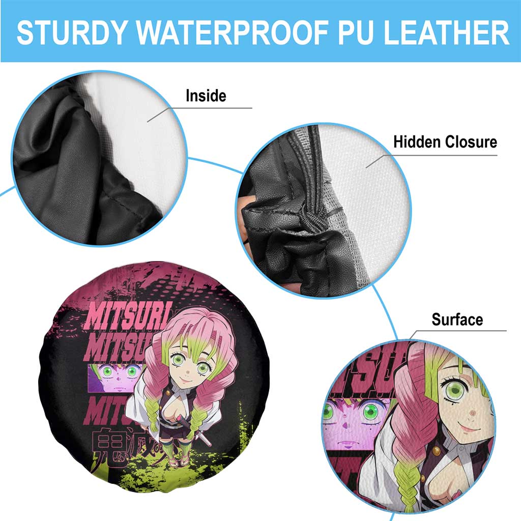 Mitsuri Kanroji Demon Slayer Pink and Green Grunge Design Spare Tire Cover with Heart Eyes and Playful Pose - The Mazicc