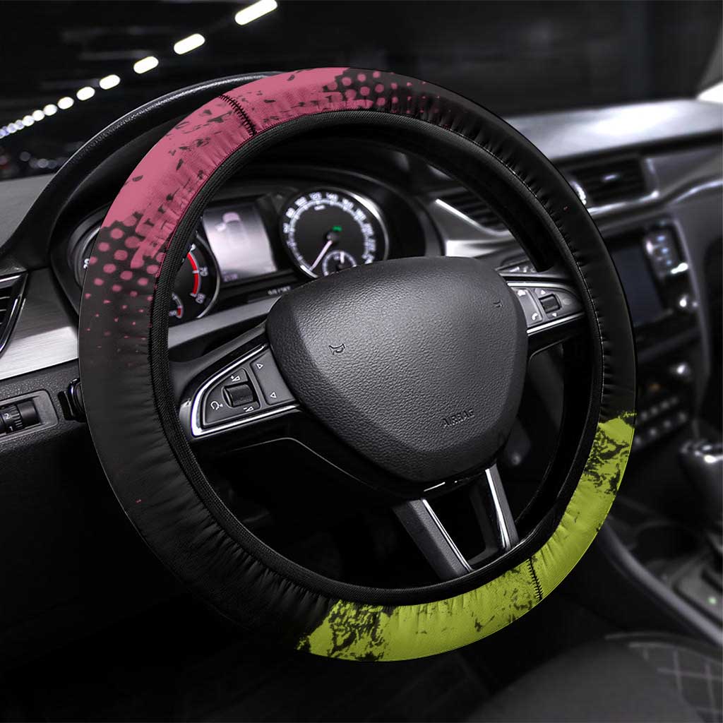 Mitsuri Kanroji Demon Slayer Pink and Green Grunge Design Steering Wheel Cover with Heart Eyes and Playful Pose - The Mazicc