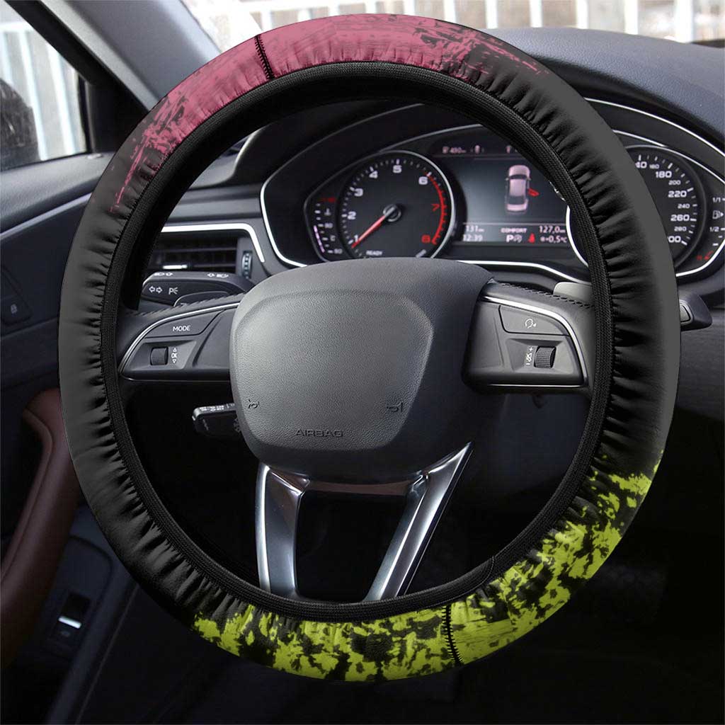 Mitsuri Kanroji Demon Slayer Pink and Green Grunge Design Steering Wheel Cover with Heart Eyes and Playful Pose - The Mazicc