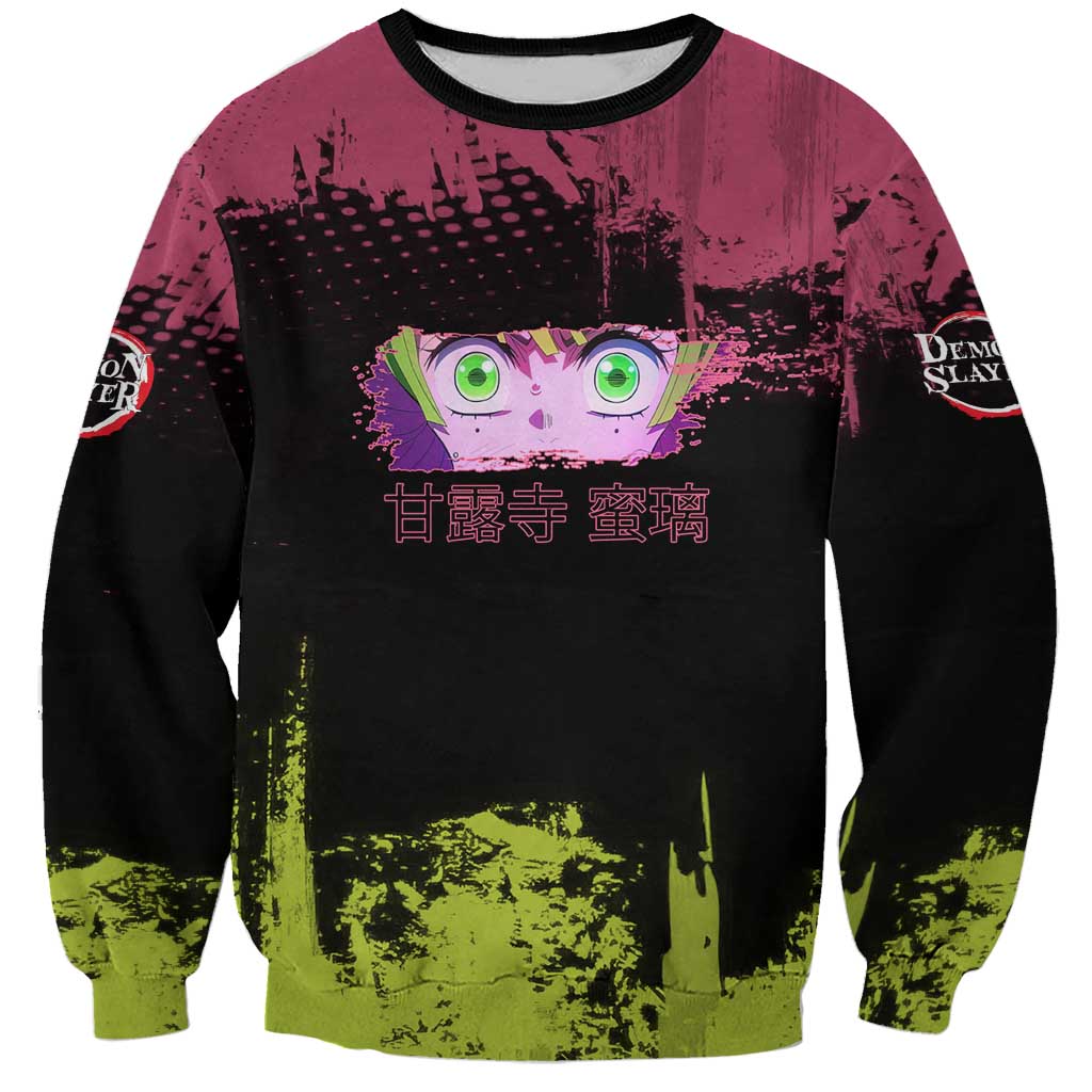 Mitsuri Kanroji Demon Slayer Pink and Green Grunge Design Sweatshirt with Heart Eyes and Playful Pose - The Mazicc