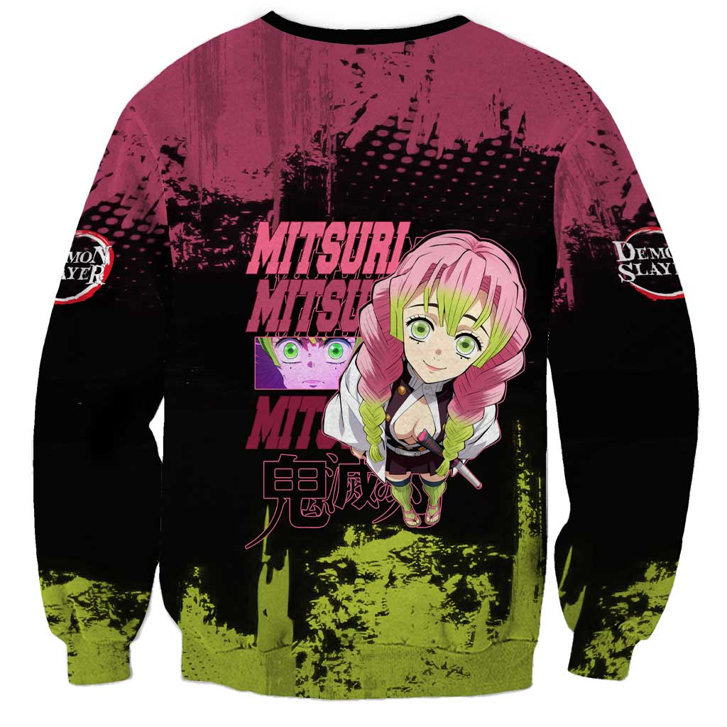 Mitsuri Kanroji Demon Slayer Pink and Green Grunge Design Sweatshirt with Heart Eyes and Playful Pose - The Mazicc