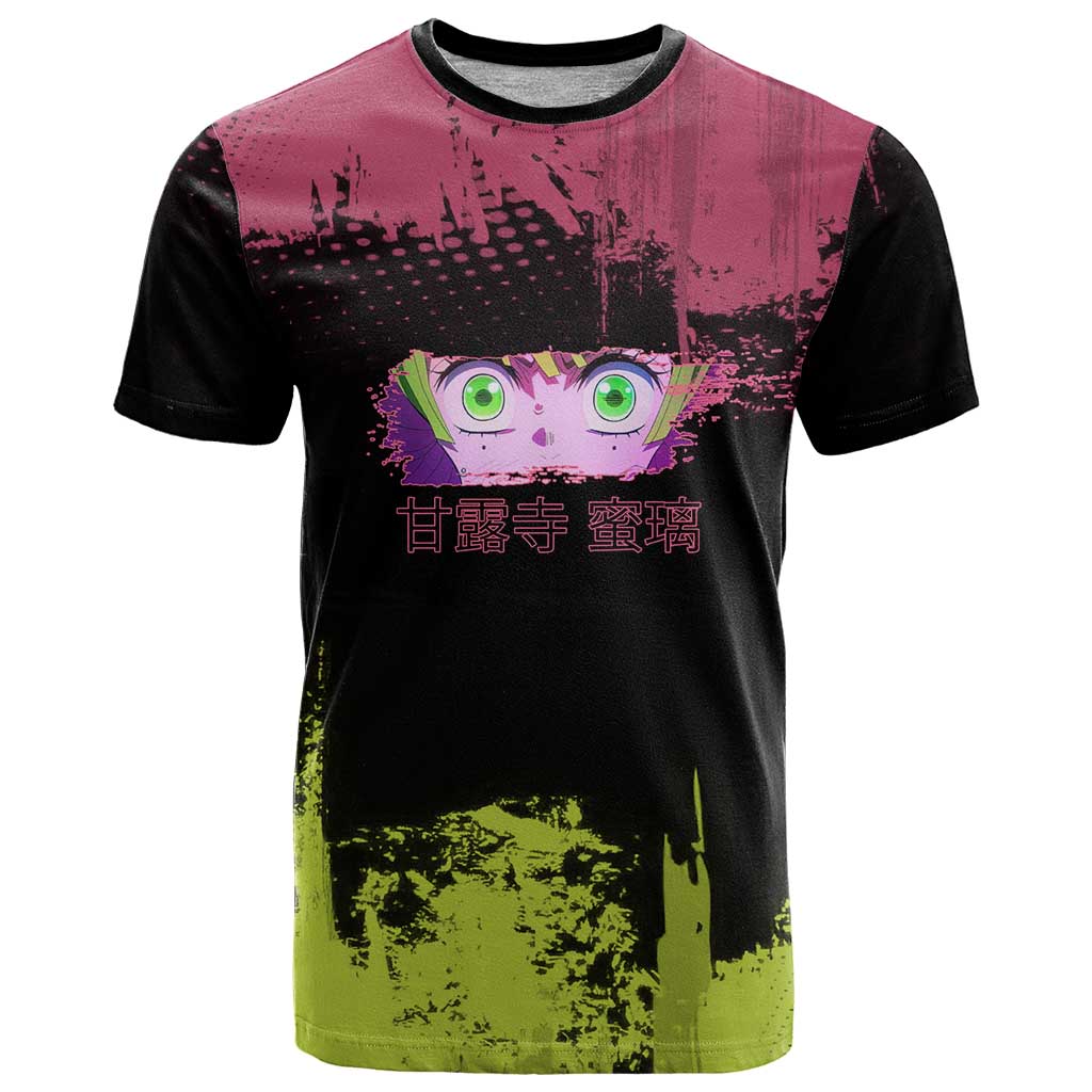 Mitsuri Kanroji Demon Slayer Pink and Green Grunge Design T Shirt with Heart Eyes and Playful Pose - The Mazicc