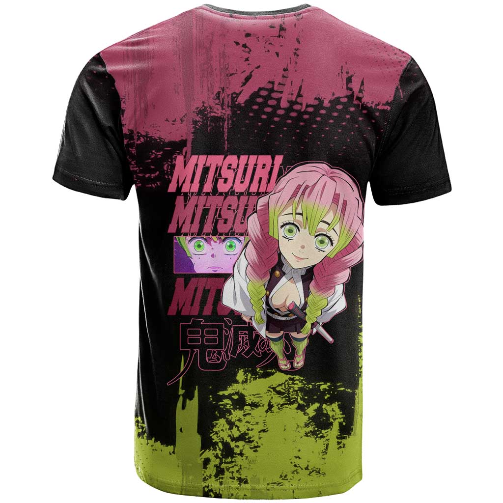 Mitsuri Kanroji Demon Slayer Pink and Green Grunge Design T Shirt with Heart Eyes and Playful Pose - The Mazicc