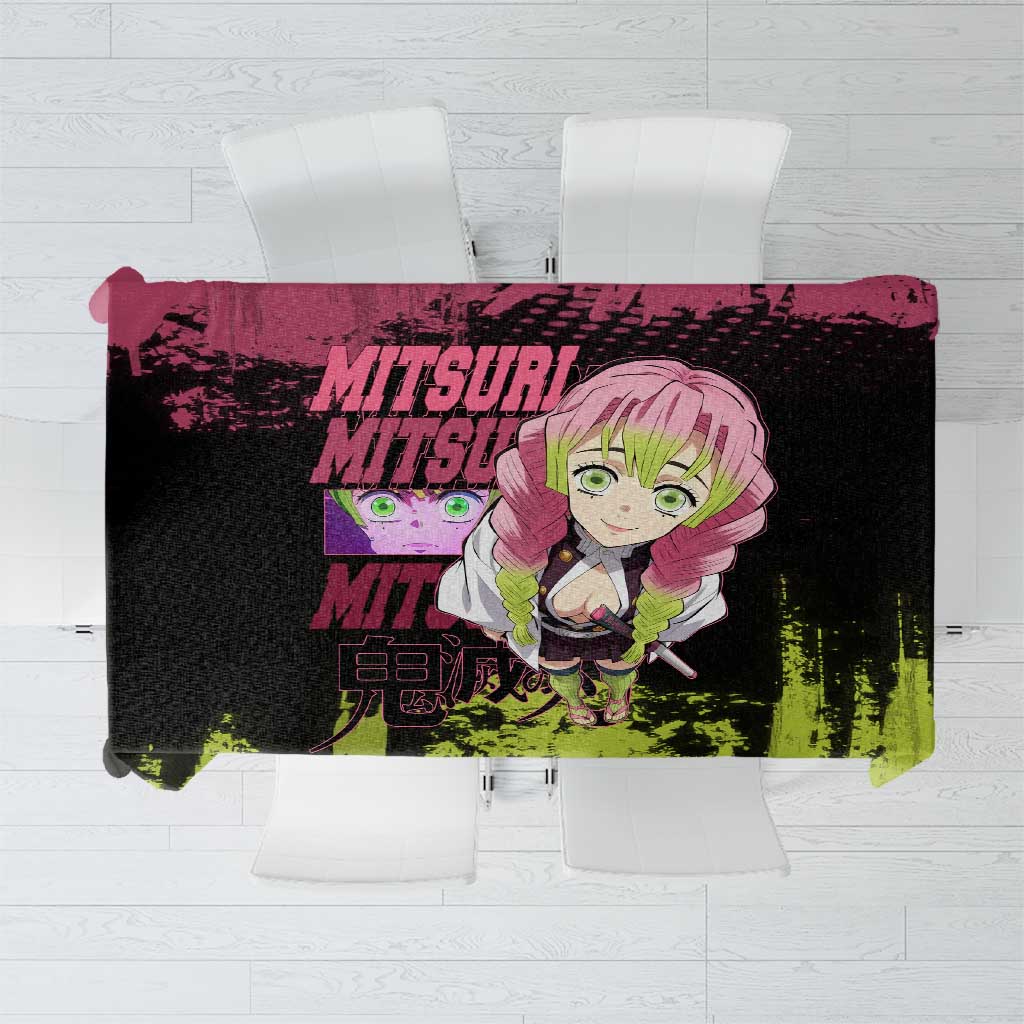 Mitsuri Kanroji Demon Slayer Pink and Green Grunge Design Tablecloth with Heart Eyes and Playful Pose - The Mazicc