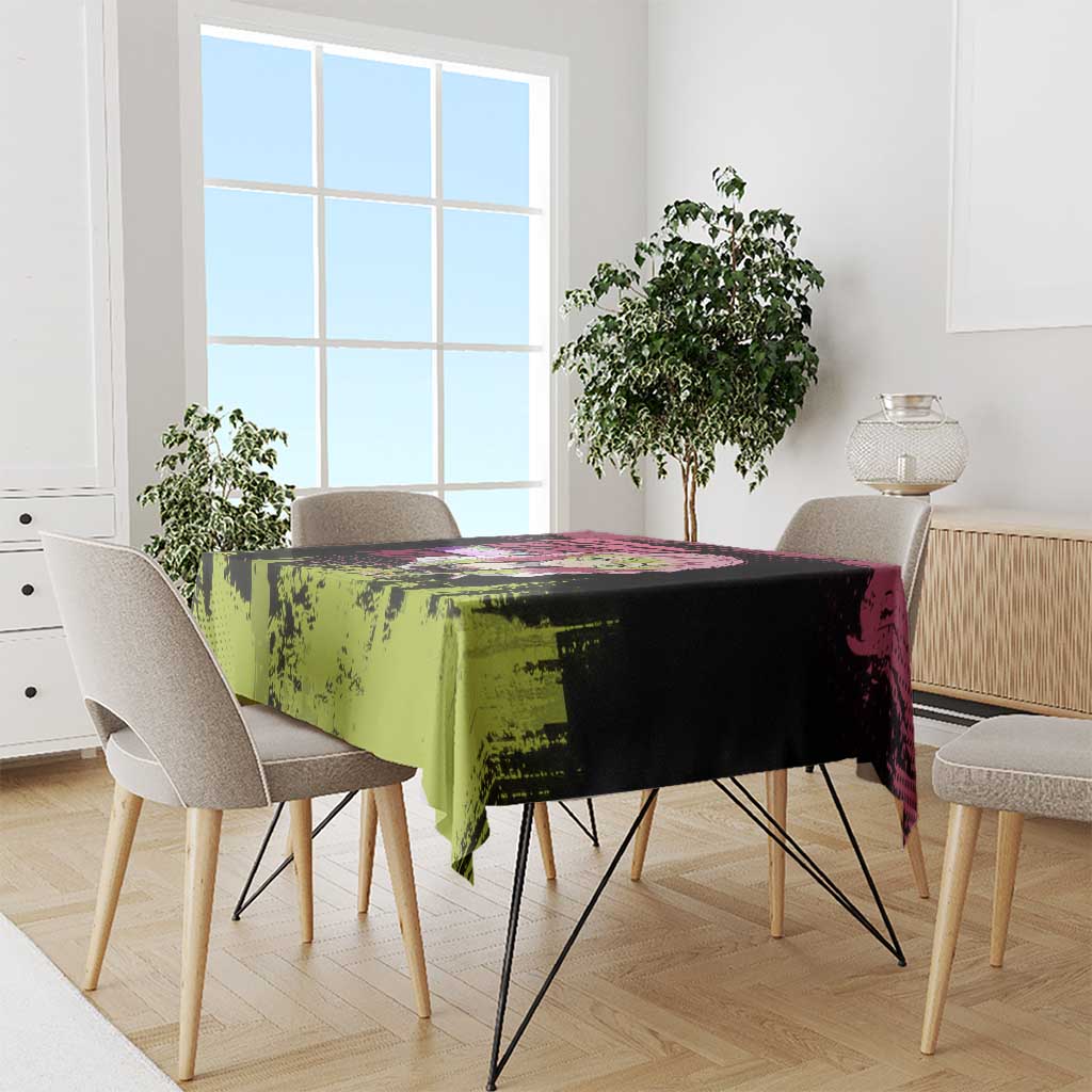 Mitsuri Kanroji Demon Slayer Pink and Green Grunge Design Tablecloth with Heart Eyes and Playful Pose - The Mazicc