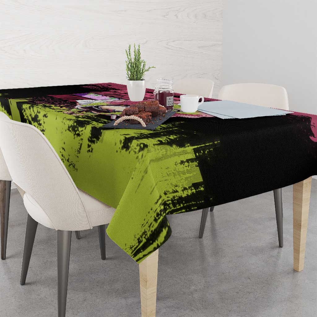 Mitsuri Kanroji Demon Slayer Pink and Green Grunge Design Tablecloth with Heart Eyes and Playful Pose - The Mazicc