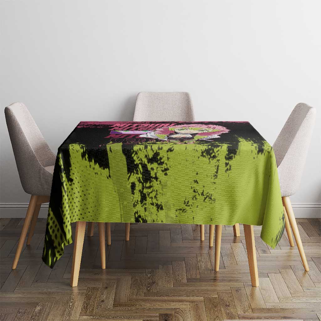 Mitsuri Kanroji Demon Slayer Pink and Green Grunge Design Tablecloth with Heart Eyes and Playful Pose - The Mazicc