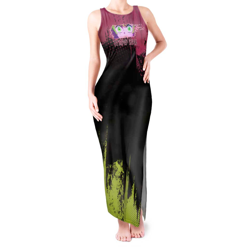 Mitsuri Kanroji Demon Slayer Pink and Green Grunge Design Tank Maxi Dress with Heart Eyes and Playful Pose - The Mazicc