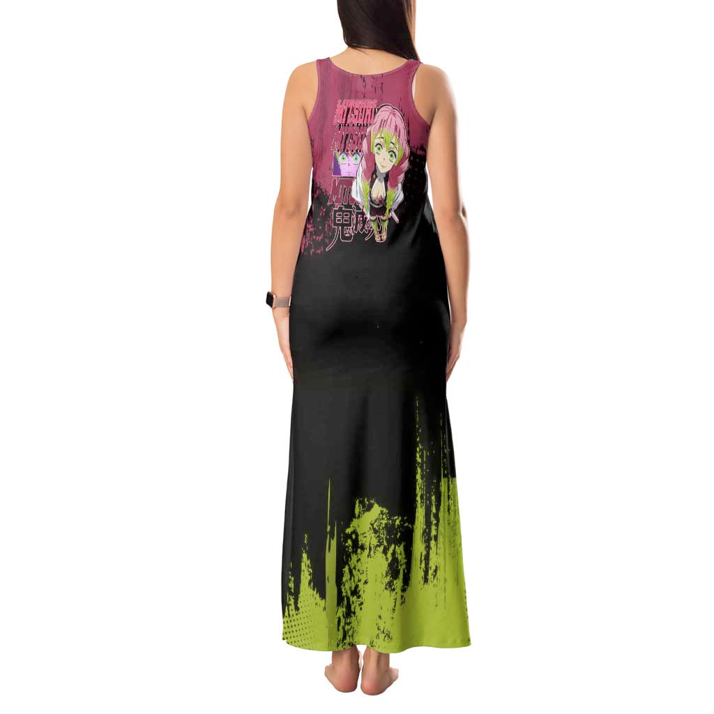 Mitsuri Kanroji Demon Slayer Pink and Green Grunge Design Tank Maxi Dress with Heart Eyes and Playful Pose - The Mazicc