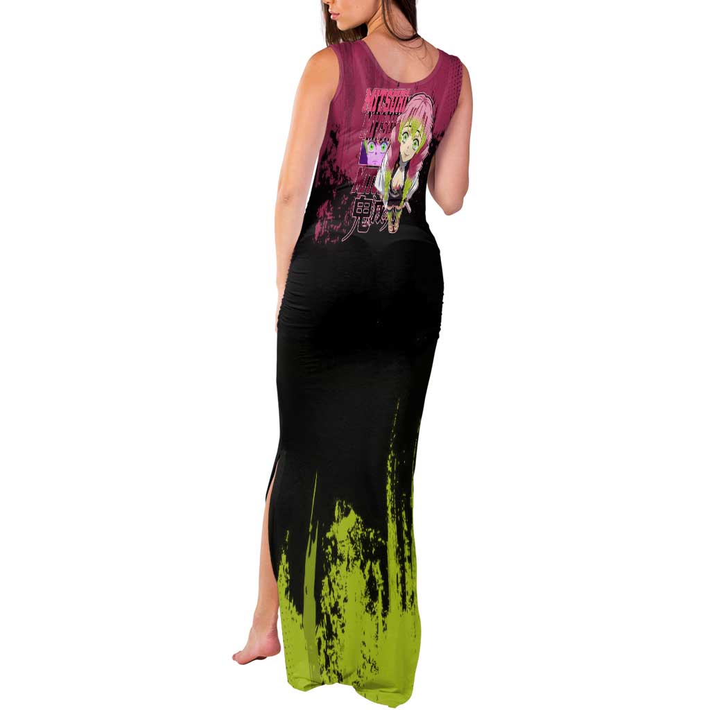 Mitsuri Kanroji Demon Slayer Pink and Green Grunge Design Tank Maxi Dress with Heart Eyes and Playful Pose - The Mazicc