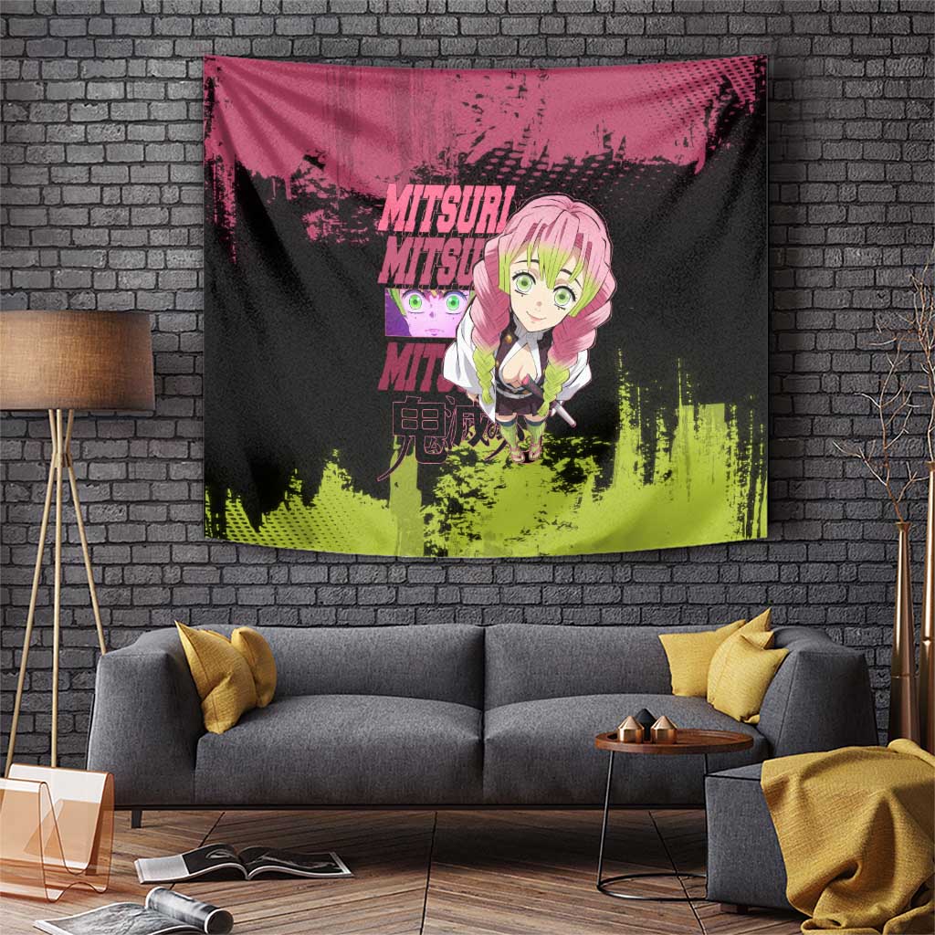 Mitsuri Kanroji Demon Slayer Pink and Green Grunge Design Tapestry with Heart Eyes and Playful Pose - The Mazicc