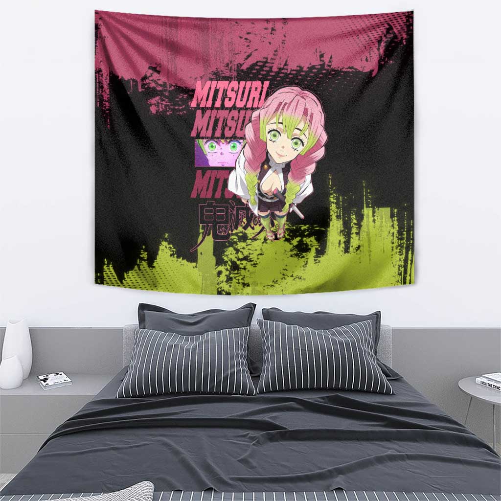 Mitsuri Kanroji Demon Slayer Pink and Green Grunge Design Tapestry with Heart Eyes and Playful Pose - The Mazicc