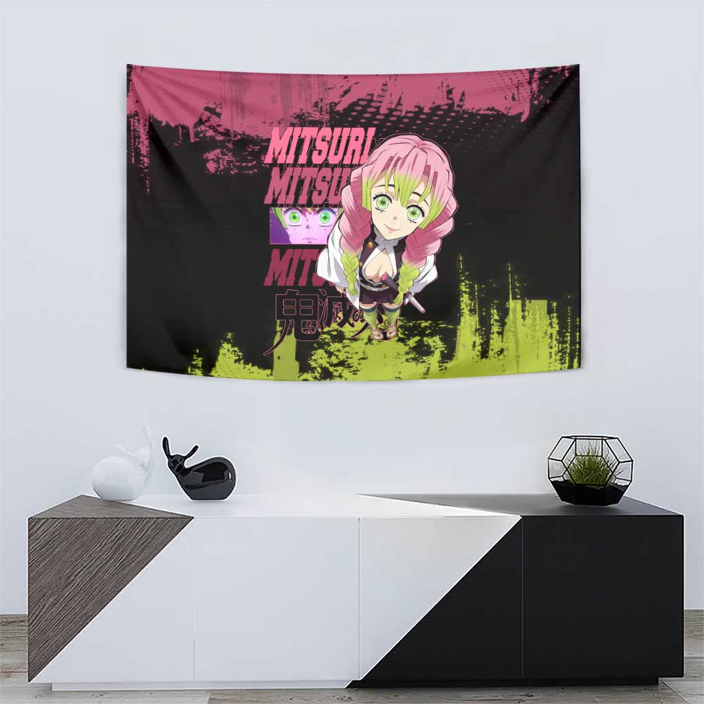 Mitsuri Kanroji Demon Slayer Pink and Green Grunge Design Tapestry with Heart Eyes and Playful Pose - The Mazicc