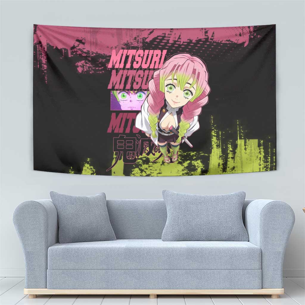 Mitsuri Kanroji Demon Slayer Pink and Green Grunge Design Tapestry with Heart Eyes and Playful Pose - The Mazicc